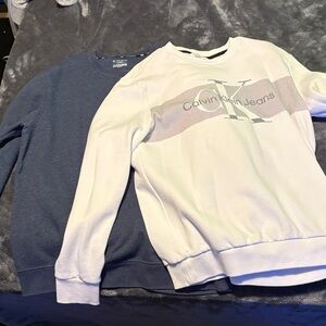 Calvin Klein Jeans White and Blue Crewneck Sweaters
